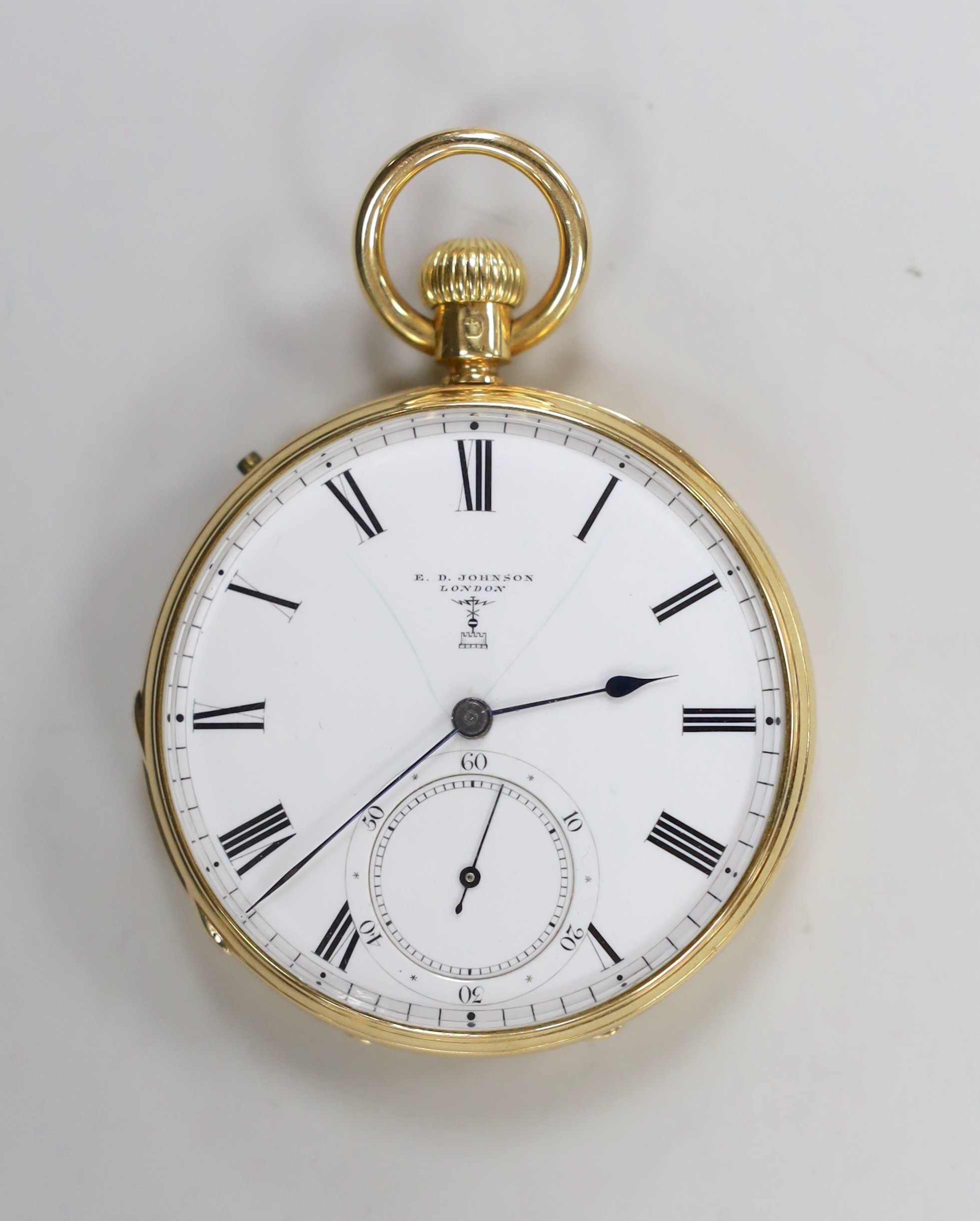 A late Victorian 18ct gold open face pocket watch, by E.G. Johnson, London, with Roman dial and subsidiary second, case diameter 49mm, gross weight 95.7 grams
